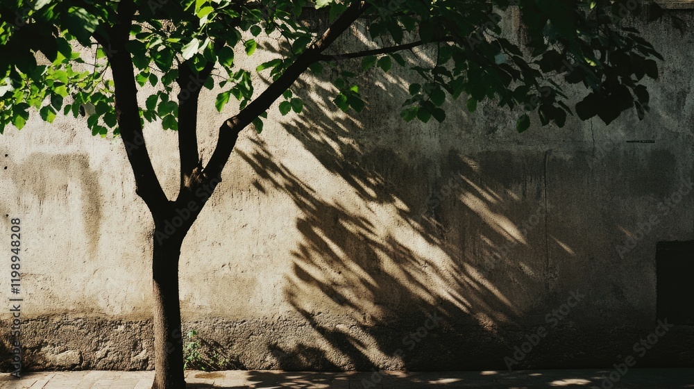 Poster urban tree casting shadows on a weathered concrete wall with copy space for text placement