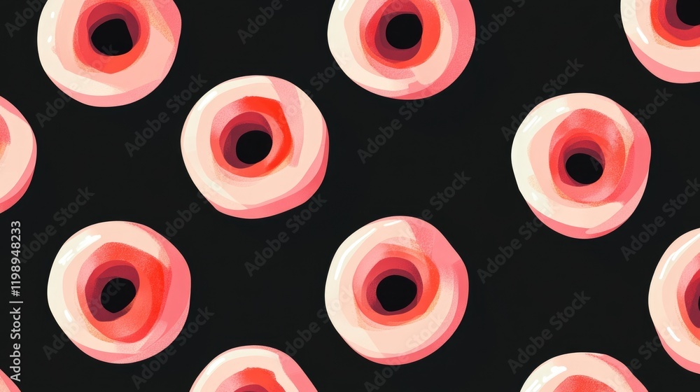 Poster seamless pattern featuring abstract pink donuts on a black background with copy space for text place