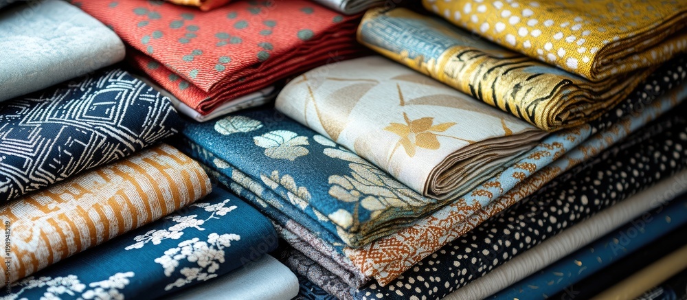 Poster Colorful assorted textile fabrics stacked neatly with intricate patterns and designs displaying vibrant colors and textures Copy Space