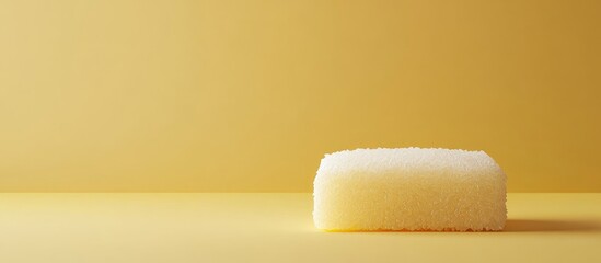 Yellow kitchen sponge on a solid color yellow background with ample copy space for text insertion