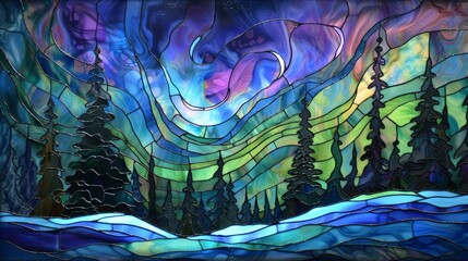 Stained glass window with pine trees in winter forest colorful sky. Digital painting.