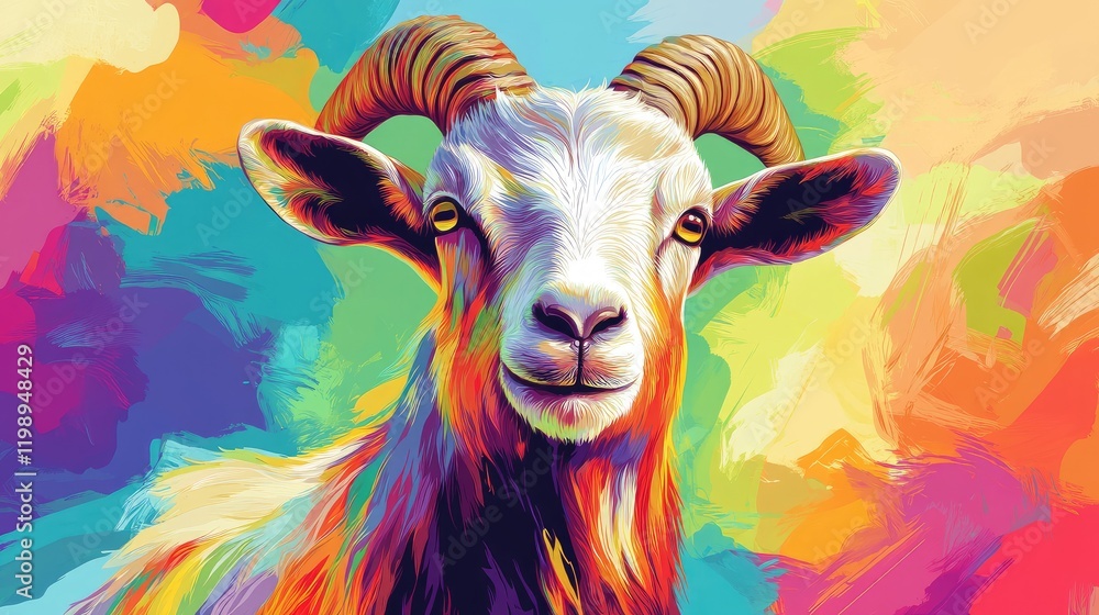 Poster colorful artistic illustration of a goat with vibrant abstract background and copy space for text pl