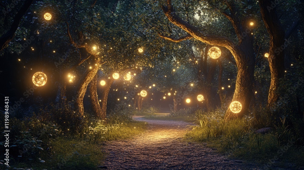 Poster magical illuminated forest path with glowing lanterns and trees at night copy space