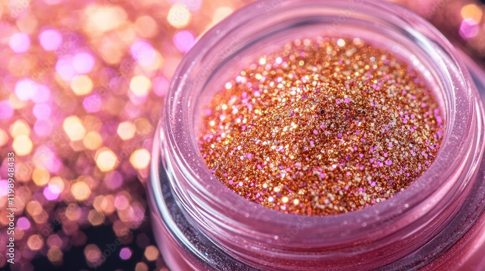 Poster close-up of shimmering rose gold glitter in a translucent jar with bokeh background copy space