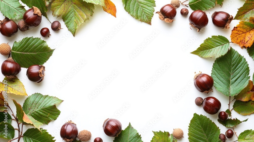 Poster chestnuts and autumn leaves arranged in a circular layout on a white background with ample copy spac