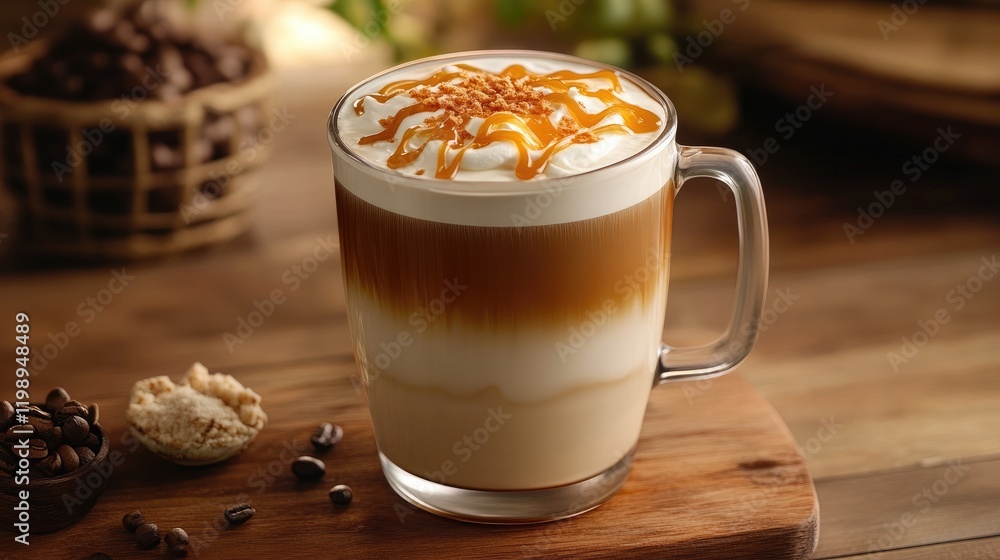 Poster coffee beverage with layered textures topped with whipped cream and caramel drizzle on rustic wooden