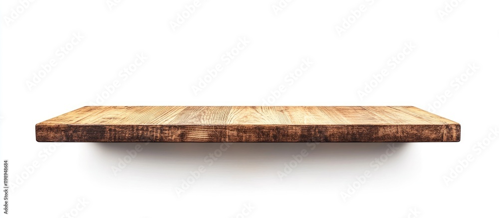 Poster wooden shelf with rustic finish on white background featuring ample copy space for text placement