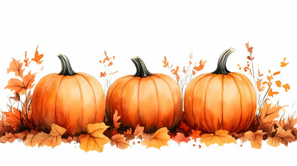 Autumn pumpkins border, fall leaves, white background, harvest design