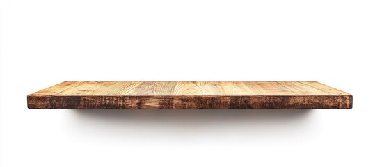 Wooden shelf with rustic finish on white background featuring ample copy space for text placement