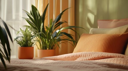 Cozy bedroom interior with soft orange and yellow color palette, featuring decorative plants and textured bedding, ample copy space available.
