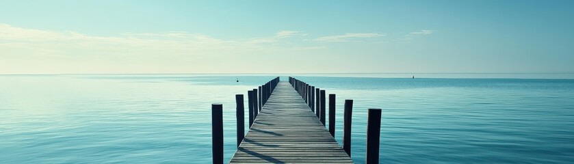 A serene wooden pier extends over calm waters, meeting a tranquil horizon under a clear blue sky, evoking a sense of peace and relaxation.