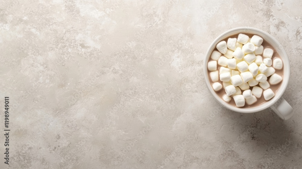 Poster hot chocolate topped with marshmallows in a white mug on a light textured background with copy space