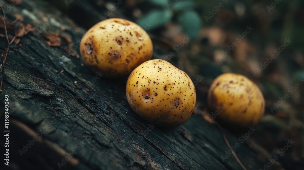 Poster three spotted yellow mushrooms on a dark log in a forest setting with blurred foliage in the backgro