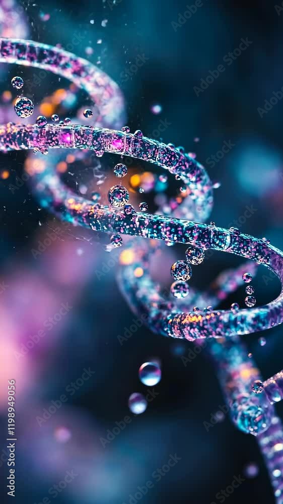 Poster microscopic view of a colorful dna double helix structure surrounded by bubbles and light in a dark 