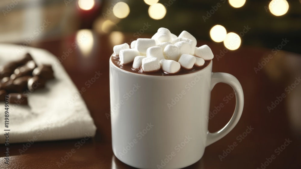 Poster hot chocolate in a white mug topped with marshmallows on a wooden table with soft bokeh lights in th
