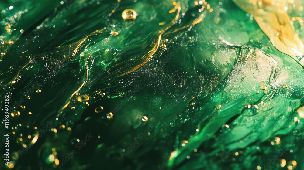 Poster abstract background of green and gold fluid art with bubbles and texture suitable for modern design 