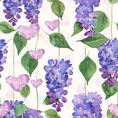 Seamless watercolor pattern of lilac bushes and hearts in purple hues