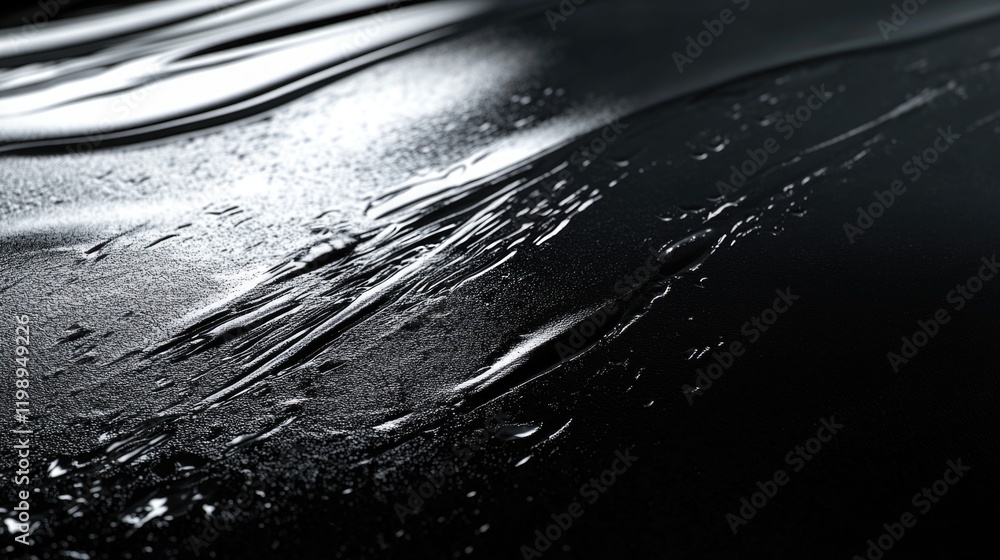 Poster abstract close-up of wet black surface with water droplets and reflective highlights showcasing text