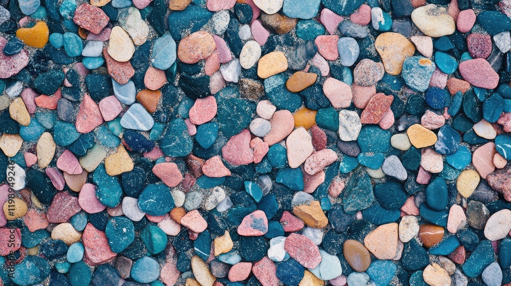 Poster colorful sea glass and pebble texture background with smooth stones in various shapes and sizes feat