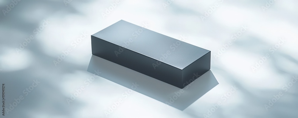 Poster a sleek, rectangular object rests on a reflective surface, surrounded by soft light and shadows, cre