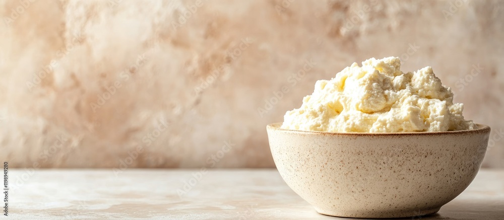 Poster bowl of fresh cottage cheese on rustic background with ample copy space for text placement