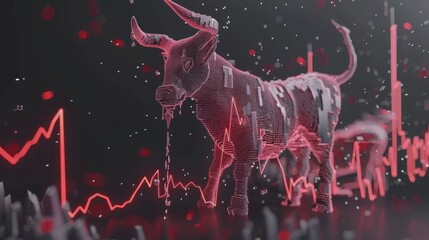 Wall Street Bull Amid Falling Stock Prices and Red Candles