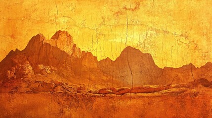 Naklejka premium Textured abstract landscape with mountains and a warm yellow-orange color palette showcasing cracks and aging effects with Copy Space.