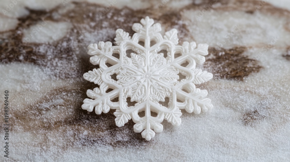 Poster white snowflake decoration on a textured marble surface with a dusting of powdered sugar copy space