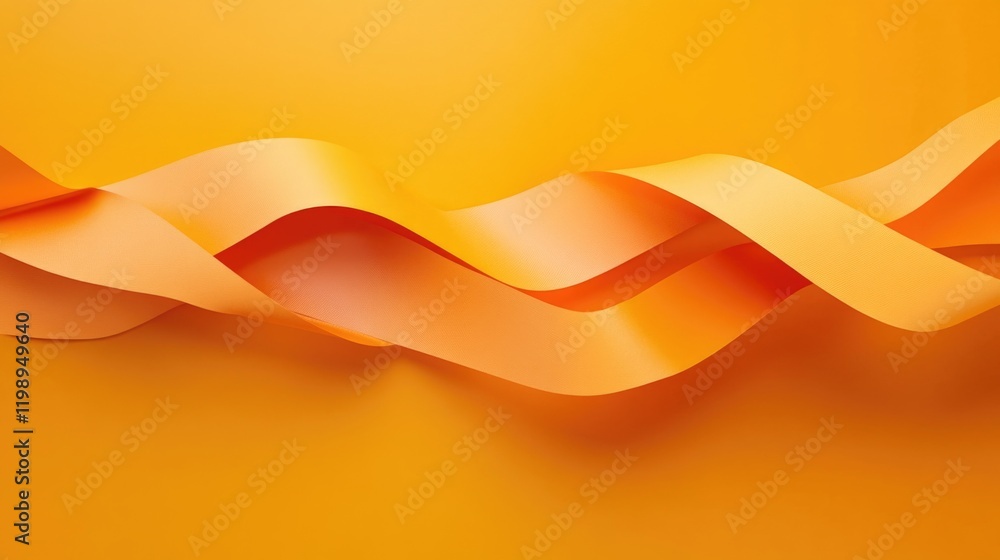 Poster flowing orange ribbons on vibrant yellow background with smooth curves and copy space for text place