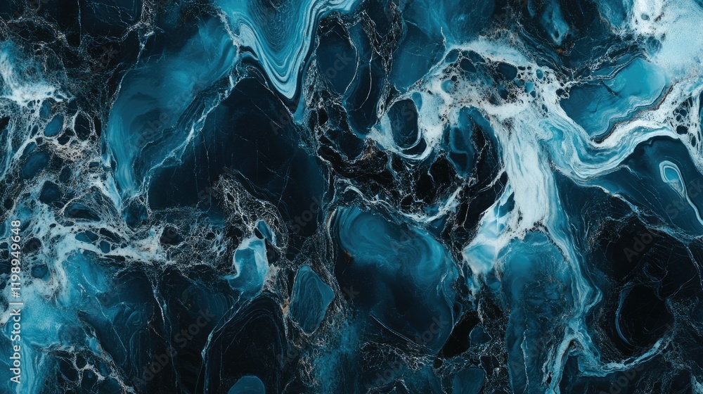 Poster dark blue and turquoise abstract marble background texture with fluid patterns and copy space.