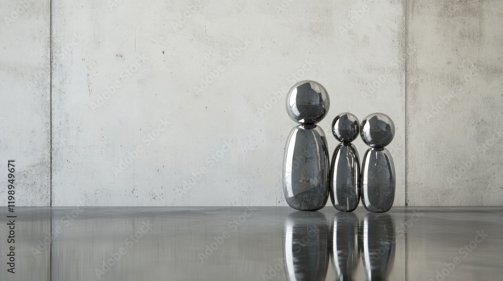 Poster abstract modern sculpture figures in a minimalist concrete setting with reflective surface and ample