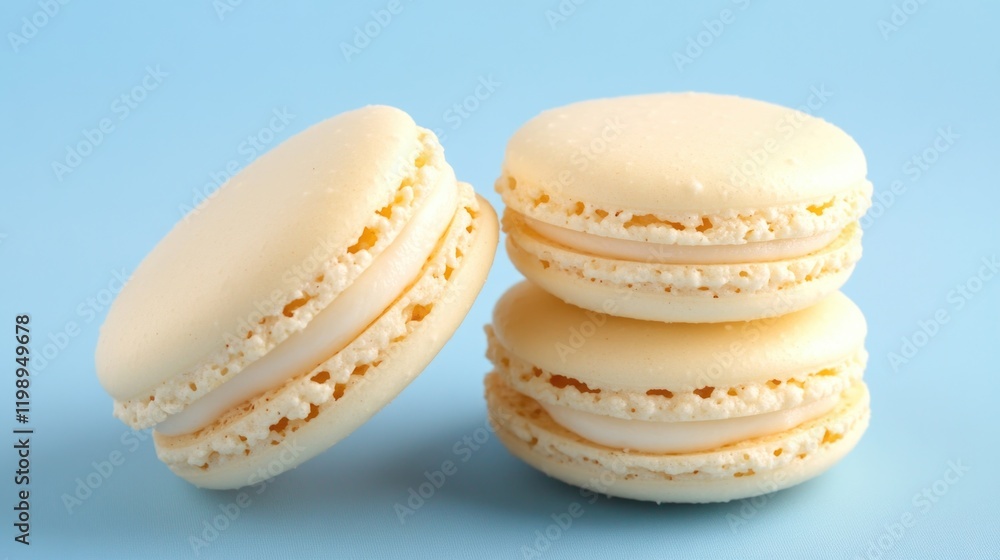 Poster yellow macaron cookies stacked on a light blue background with copy space for text.