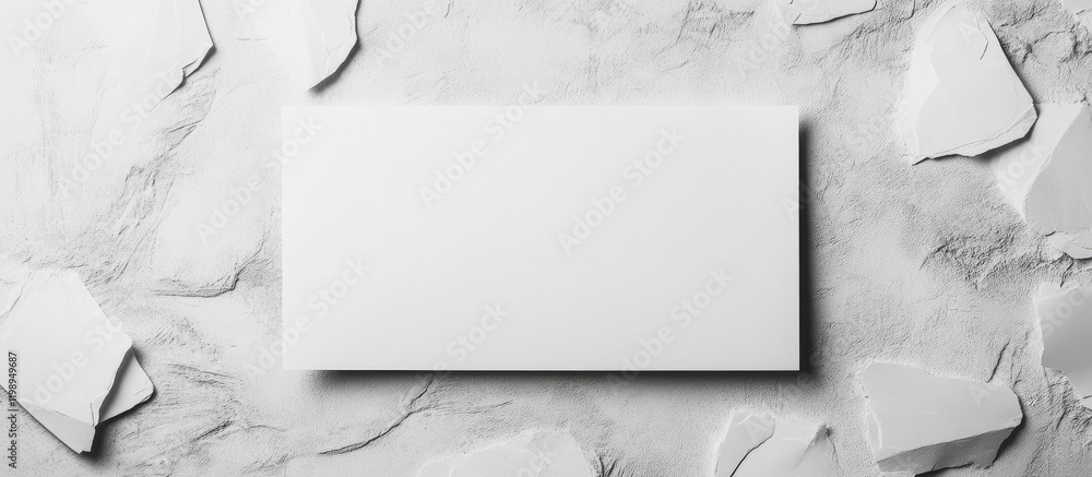 Poster blank rectangular card mockup on a textured gray background with scattered white fragments and ample