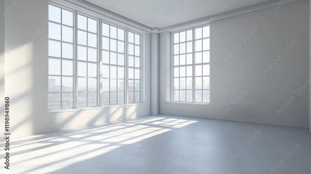 Poster empty bright interior space with large windows casting shadows on the floor showcasing modern archit