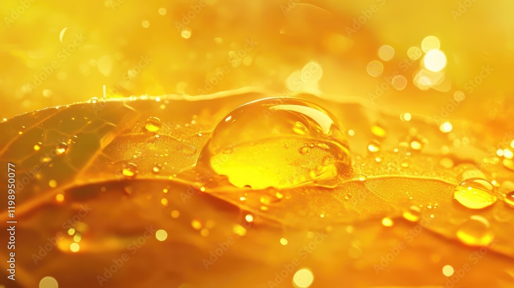 Poster macro shot of water droplets on a yellow leaf with soft bokeh background and warm lighting copy spac