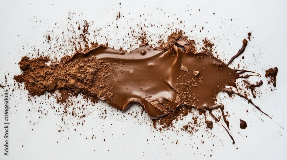 Poster chocolate spread and cocoa powder smeared on white background with texture and copy space for food r