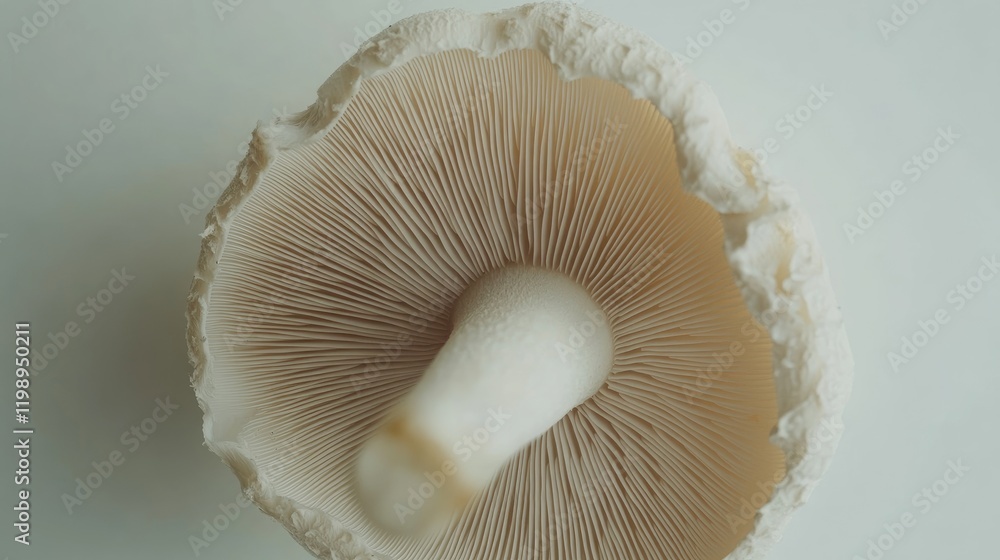 Poster detailed close-up of a mushroom cap highlighting gills and texture on a neutral background with ampl