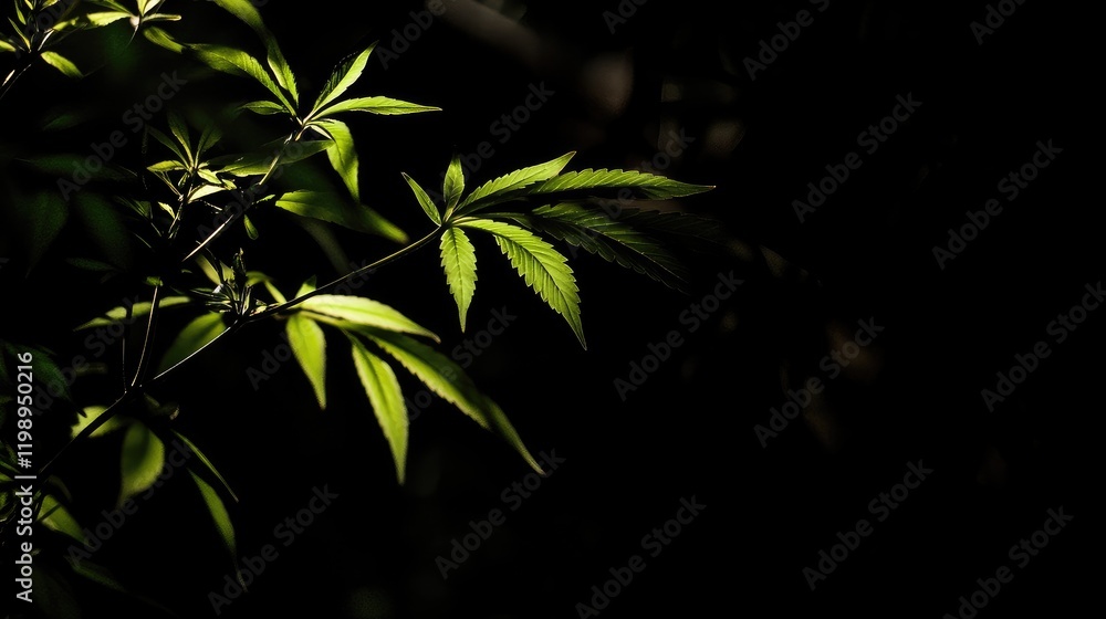 Poster close up of vibrant green cannabis leaves illuminated by soft dim light against a dark background wi
