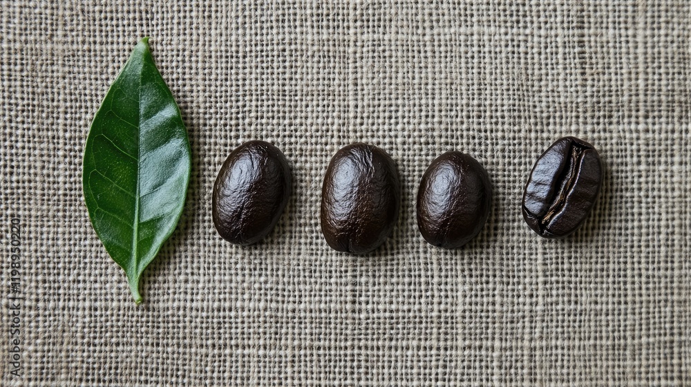 Poster coffee beans arranged in a row next to a green leaf on textured burlap background with copy space av