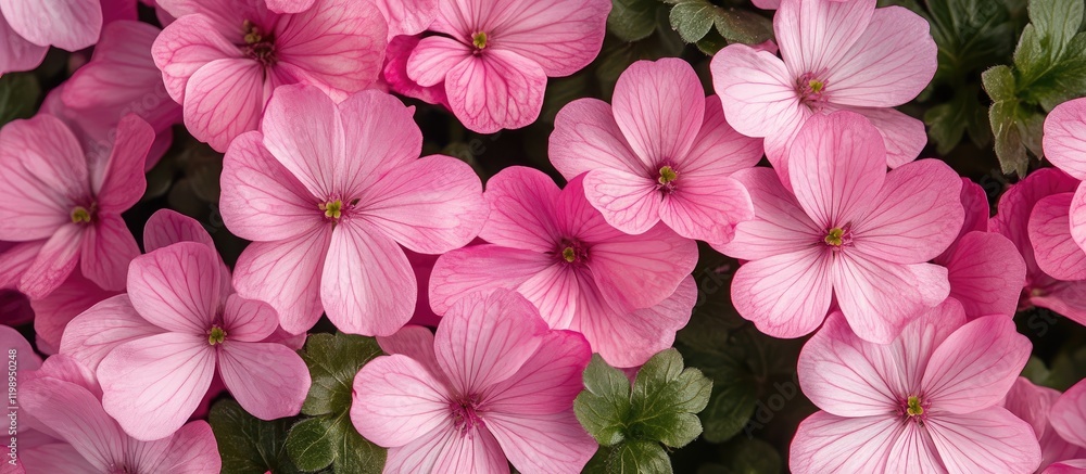Poster vibrant pink spring flowers in macro view with lush green foliage and ample empty space for text in 