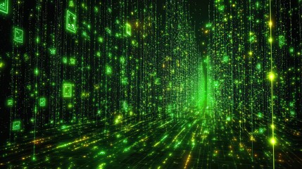 Digital abstract technology green data matrix with broad connection concept background wallpaper AI generated image