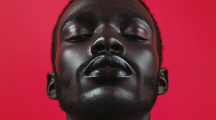 Close-up portrait of a man with dark skin against a vibrant red background Copy Space for text placement