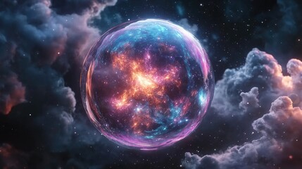 Fototapeta premium Cosmic nebula sphere with vibrant colors of pink, blue, and orange surrounded by dark space and stars with Copy Space.