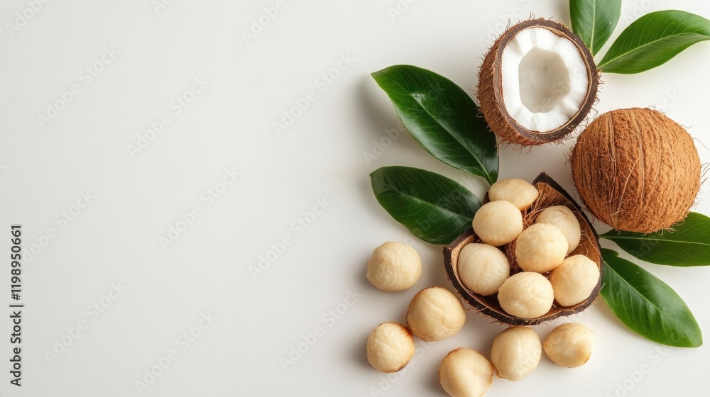 Poster coconut and macadamia nuts on a white background with green leaves and copy space for text placement