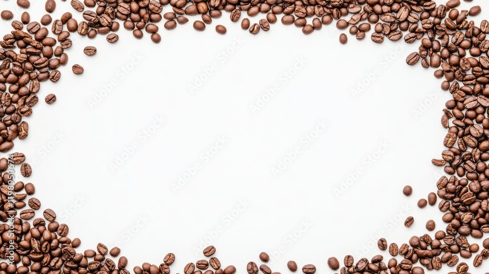 Poster coffee beans border on a white background with copy space for text or design elements.