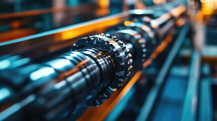 Close up of a sleek metallic camshaft with intricate details highlighted, set against a dynamic motion blur background in an engineering plant setting, featuring warm orange and cool blue tones with a