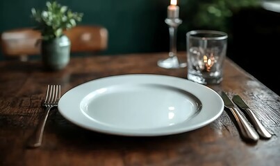 An empty white plate with cutlery on a wooden table