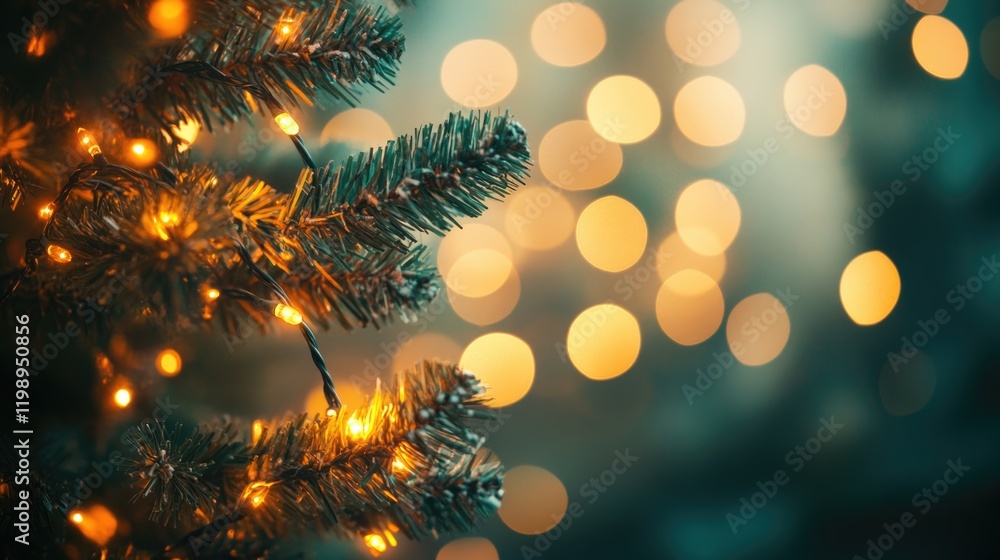 Poster christmas tree with warm glowing lights and bokeh background creating a festive holiday atmosphere w