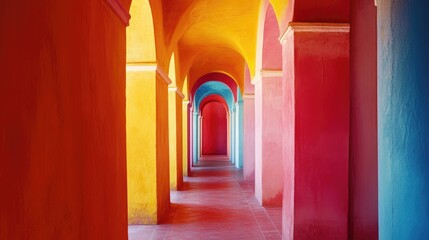 Colorful architectural hallway with vibrant orange, yellow, blue, and red walls featuring arches and copy space for text.