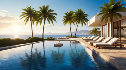 A serene mediterranean outdoor setting by the sea, with white cushioned lounge chairs